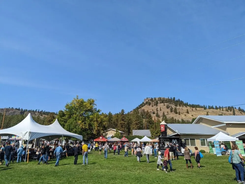 Large crowds at Rock Creek Fall Fair, with stalls and food trucks and a mountain in the background
