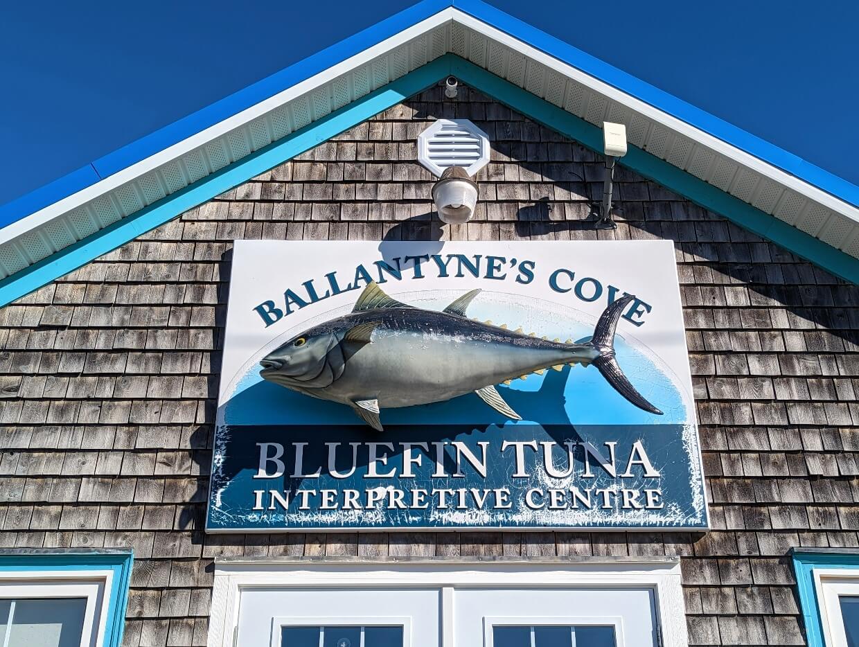 Close up of Ballantyne's Cove Bluefin Tuna Interpretive Centre sign with blue text on white sign with tuna model, on wood shingle building and blue framing