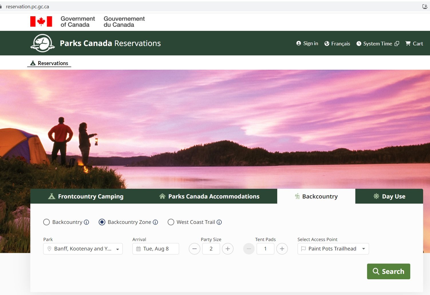 Screenshot of Parks Canada reservation system for the Rockwall Trail