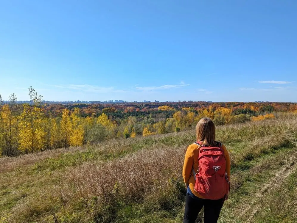 Back view of Gemma with a backpack standing looking out towards downtown Toronto, with bright yellow trees in foreground