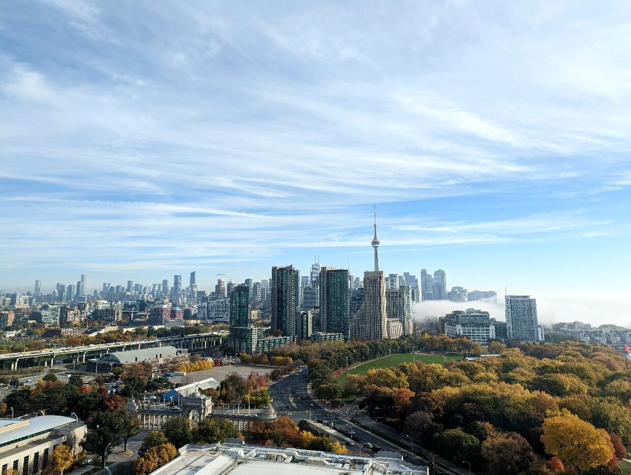 Hotel X view of downtown Toronto with skyscraper skyline featuring CN Tower