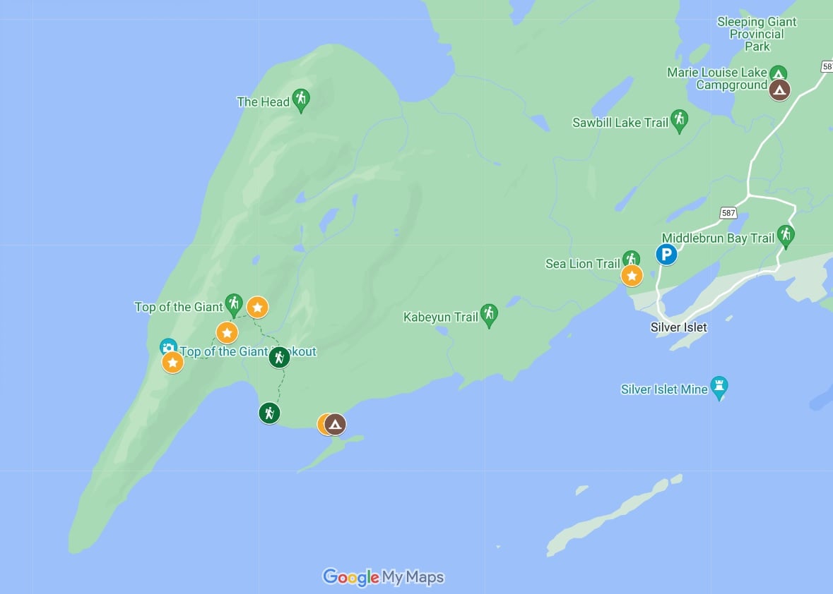 Screenshot of Google Map showing trailheads, camping areas and viewpoints on Top of the Giant Trail