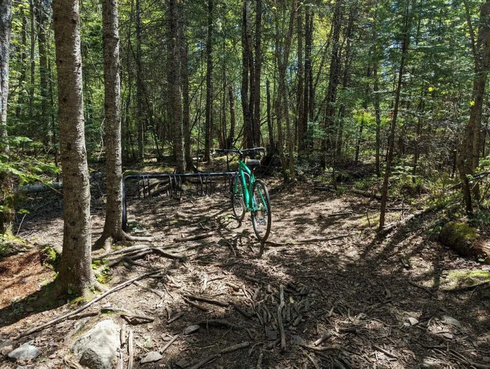 A green bike is attached to a bike rack in the forest at the South Telus Lake Trail junction on the Top of the Giant Trail