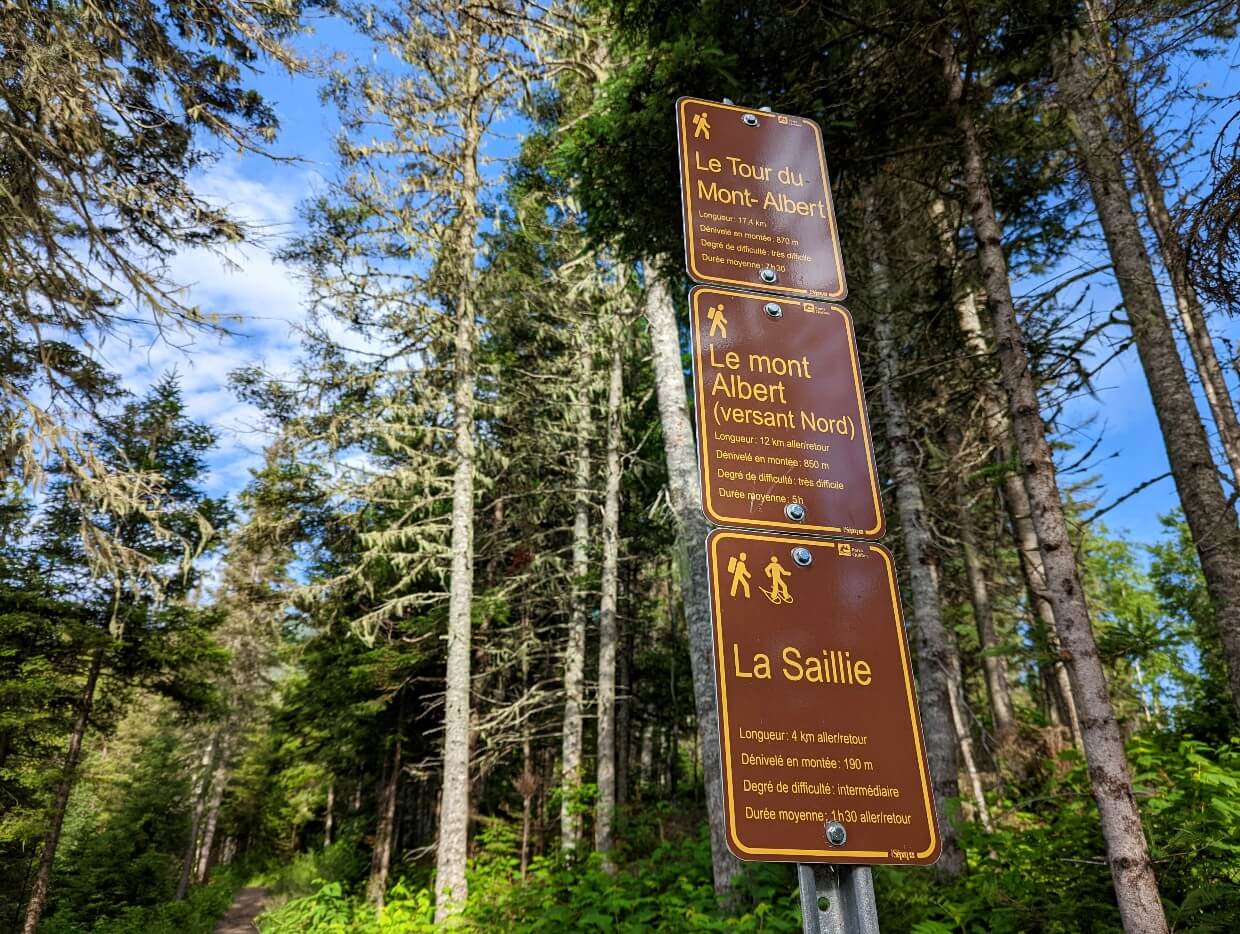 Looking up to brown French language signs in Parc national de la Gaspésie