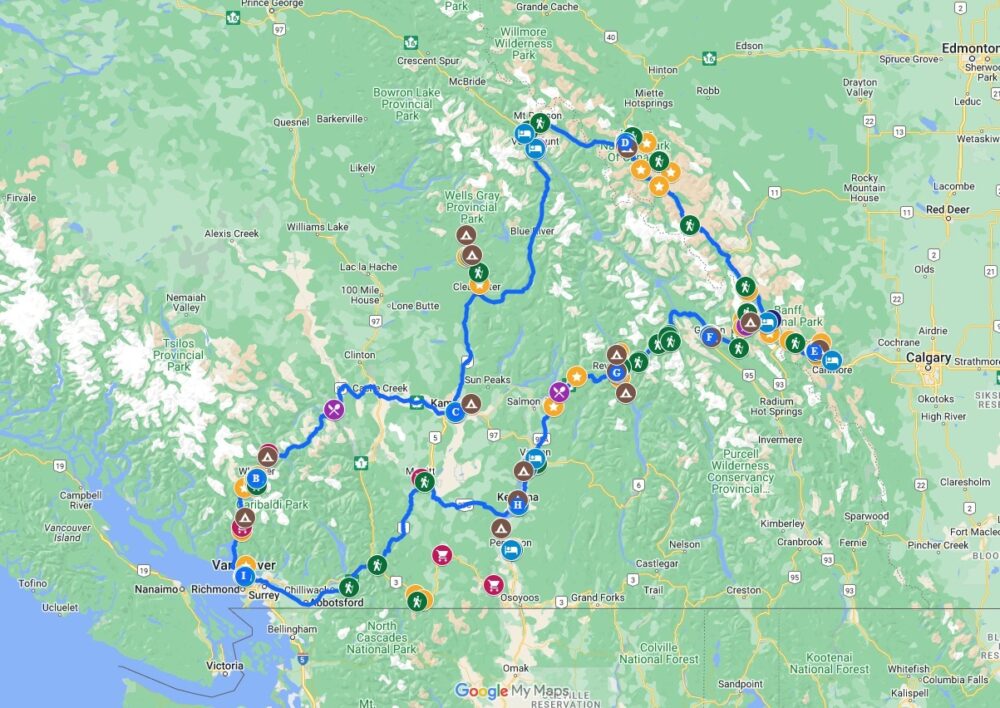 2 week Western Canada road trip Google Maps screenshot