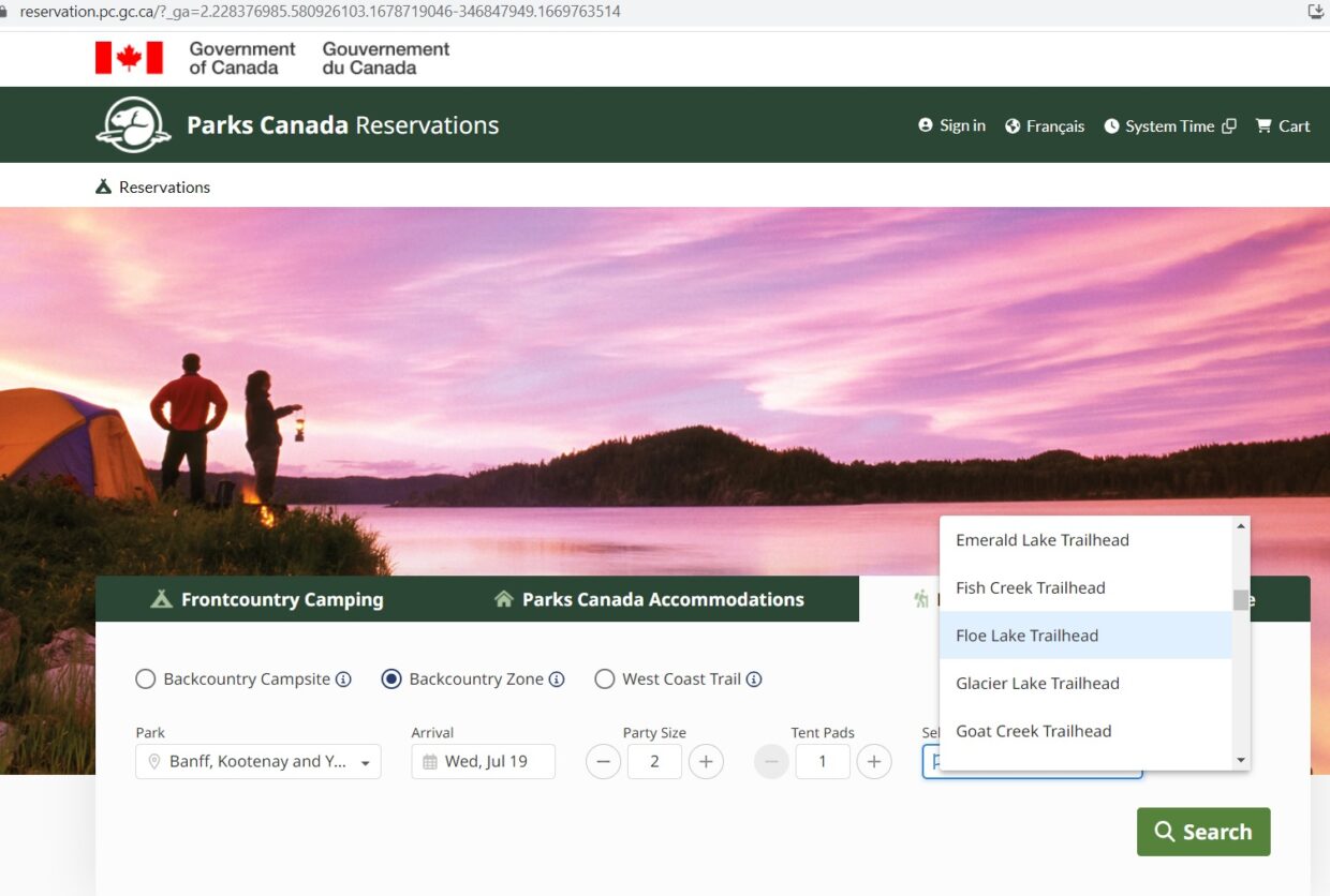 Screenshot of Parks Canada Reservation System website with Floe Lake Trailhead selected