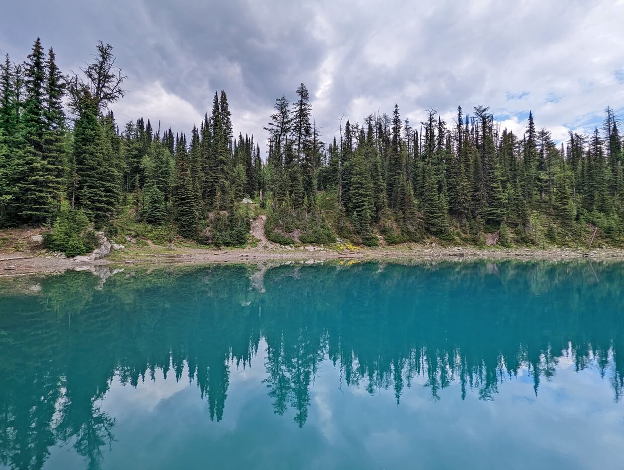 Turquoise water surface on Floe Lake reflecting forest shore view