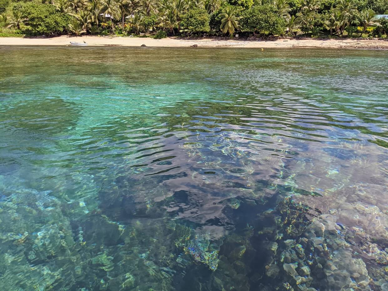 Looking down into crystal clear ocean in Fiji, with coral visible below