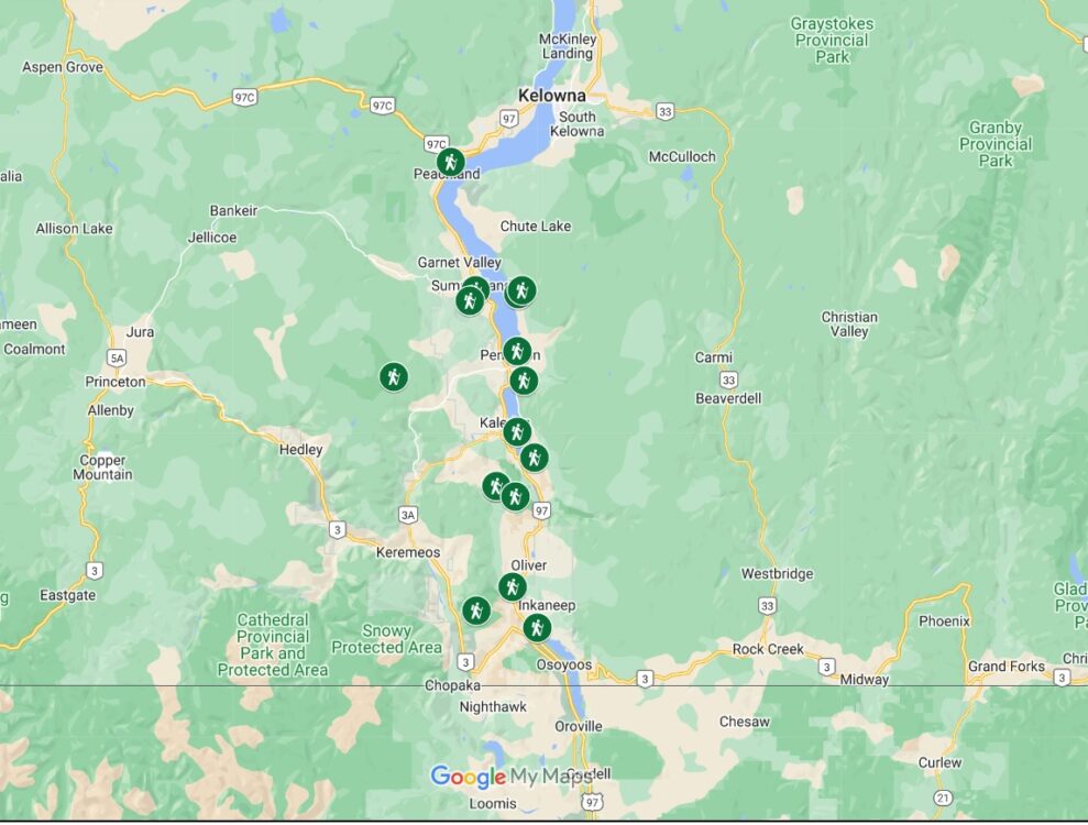 Screenshot of Google Map with featured South Okanagan hiking trails