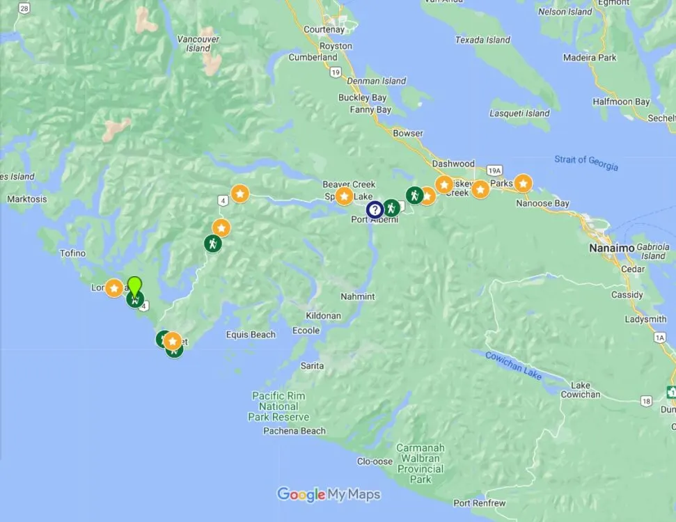 Screenshot of Nanaimo to Tofino road trip Google Map with featured stops