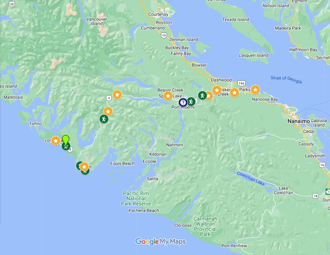 Screenshot of Nanaimo to Tofino road trip Google Map with featured stops