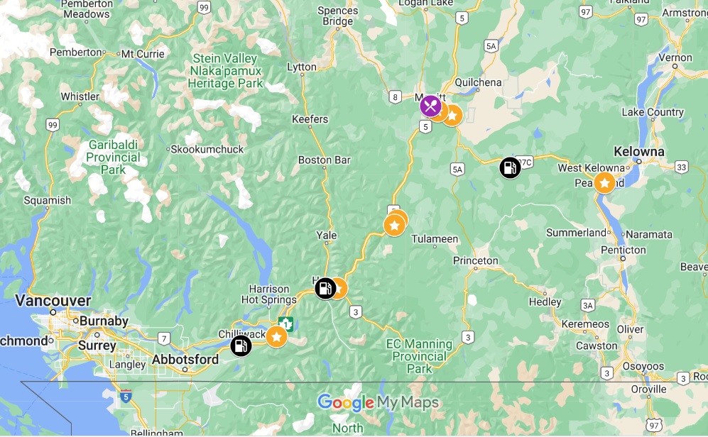 Screenshot of Google Map of Vancouver to Kelowna road trip route with featured stops