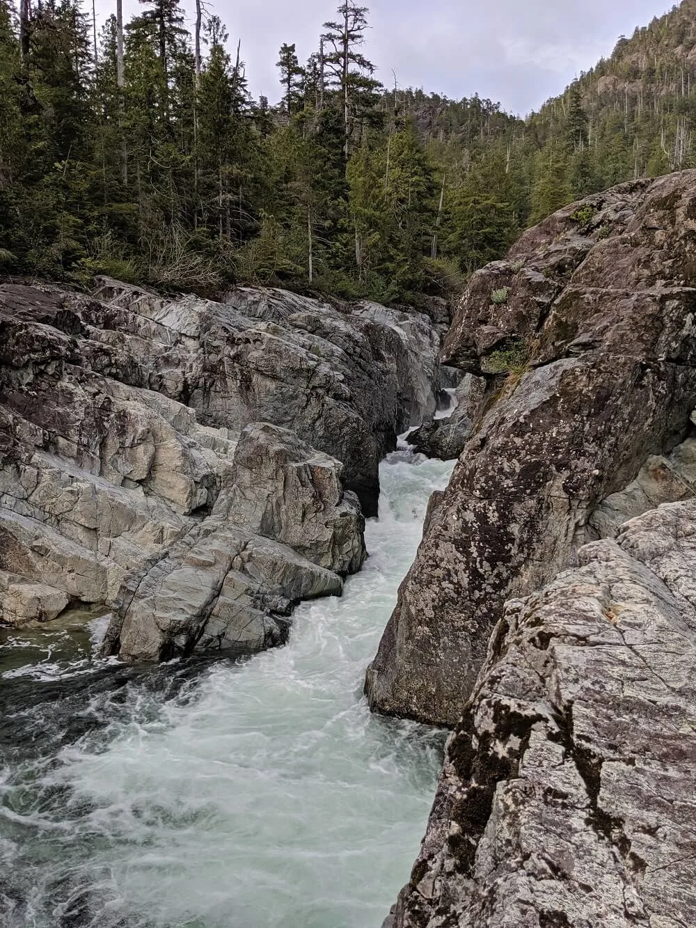 Rocky canyon at Wally's Creek with steep walls and rushing water, forest in background