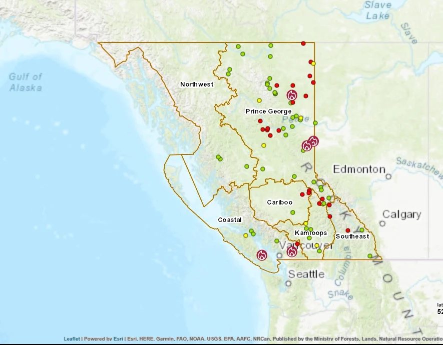 Screenshot of BC Wildfire Service map with marked fires in the province of British Columbia, with region outlines