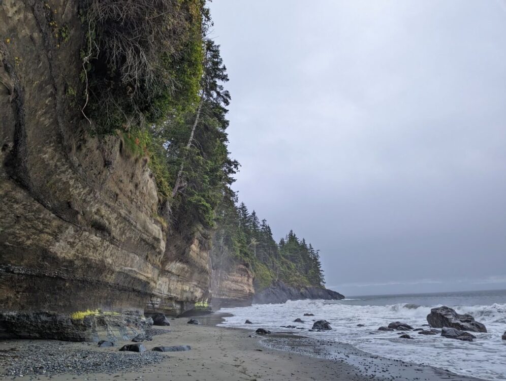 Huge cliffs rise above sandy beach with trees on top. The ocean is visible on the right, with scattered rocks. It is a cloudy day