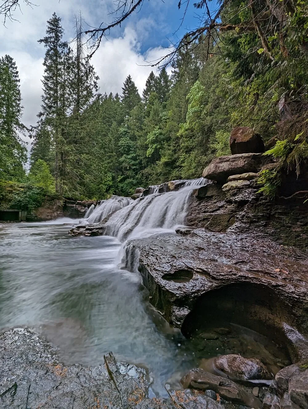 Side view of cascading waterfall backdropped by forest. There is circular erosion on the rock closest to the camera