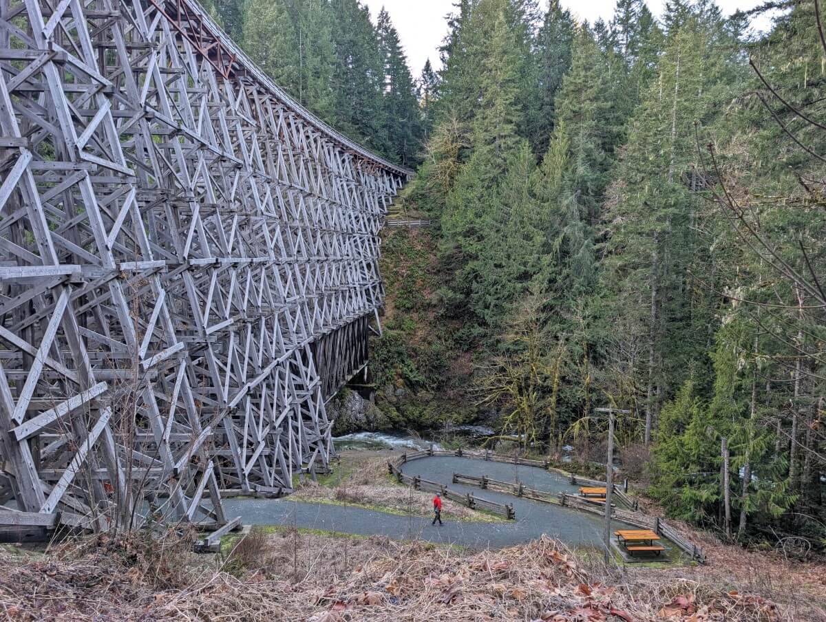 Sideview of Kinsol Trestle with hiker in red jacket walking below
