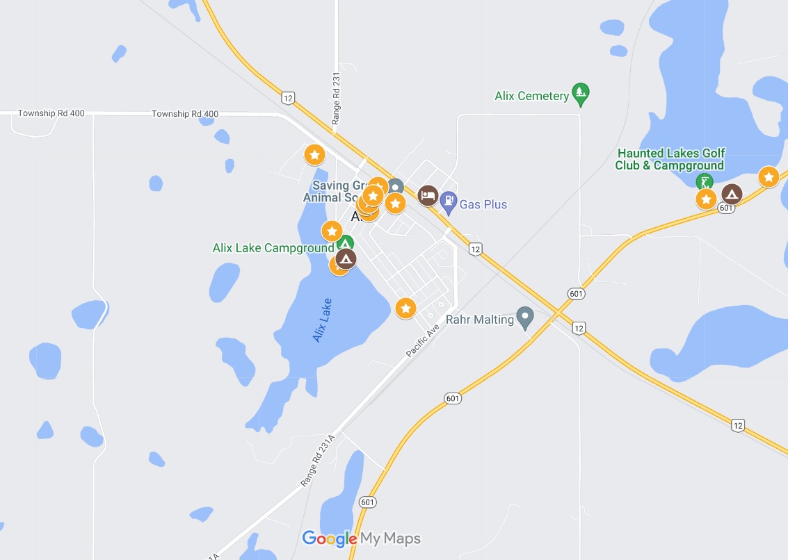 Screenshot of Google Map showing the best things to do in Alix, Alberta