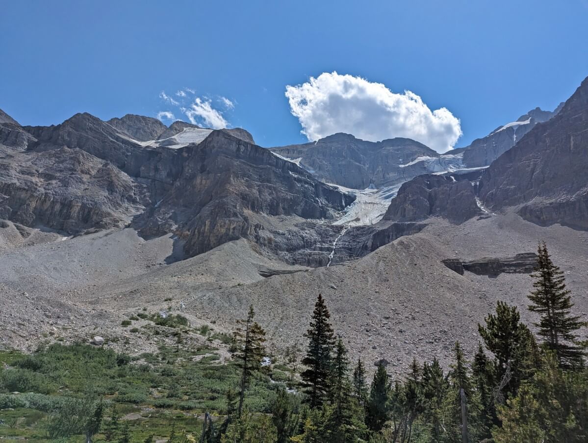 Looking up at Stanley Glacier sitting in bowl above huge moraine area and trees in foreground