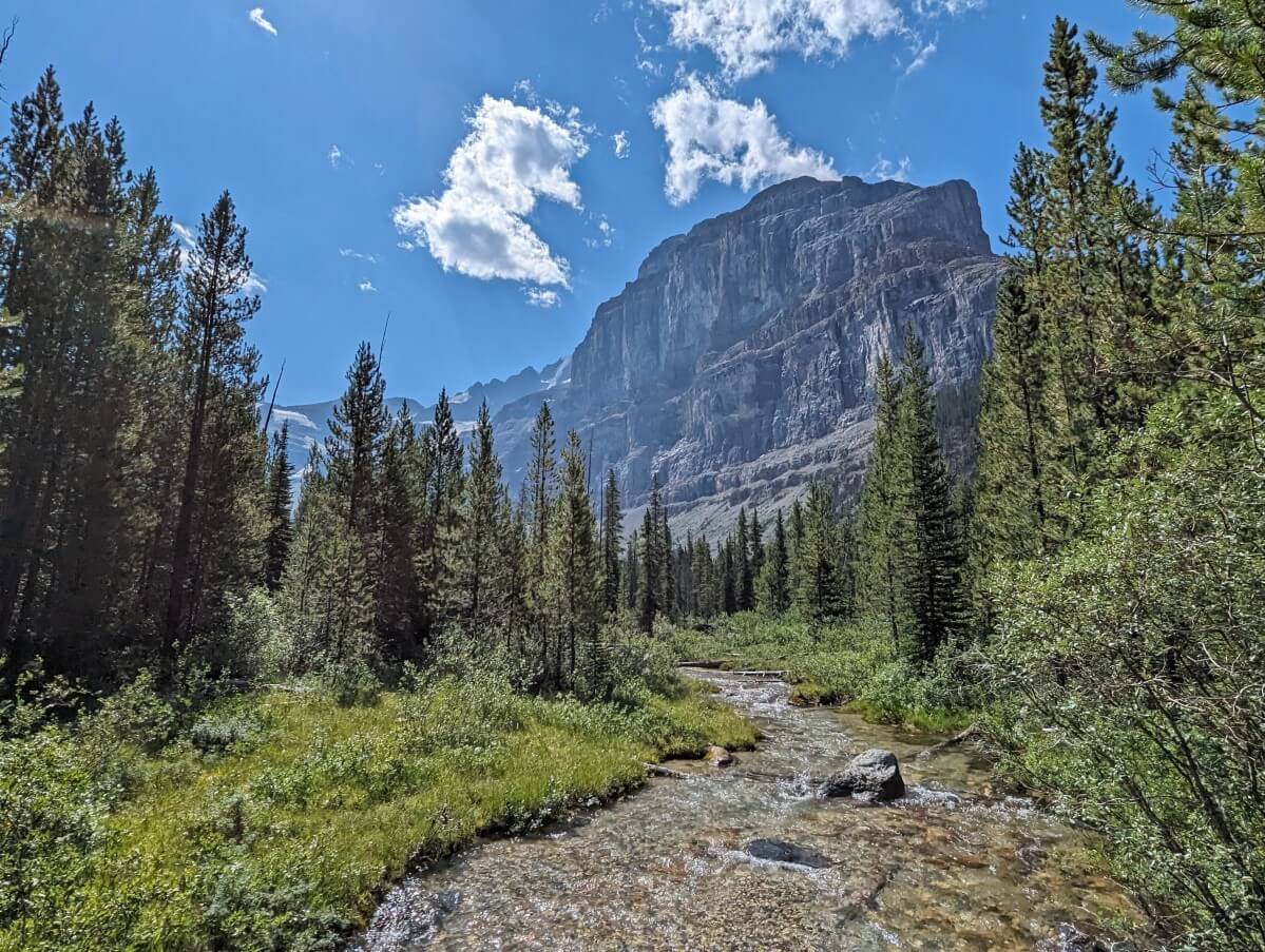 Bridge view of Stanley Creek, bordered by trees and with tall mountain in background