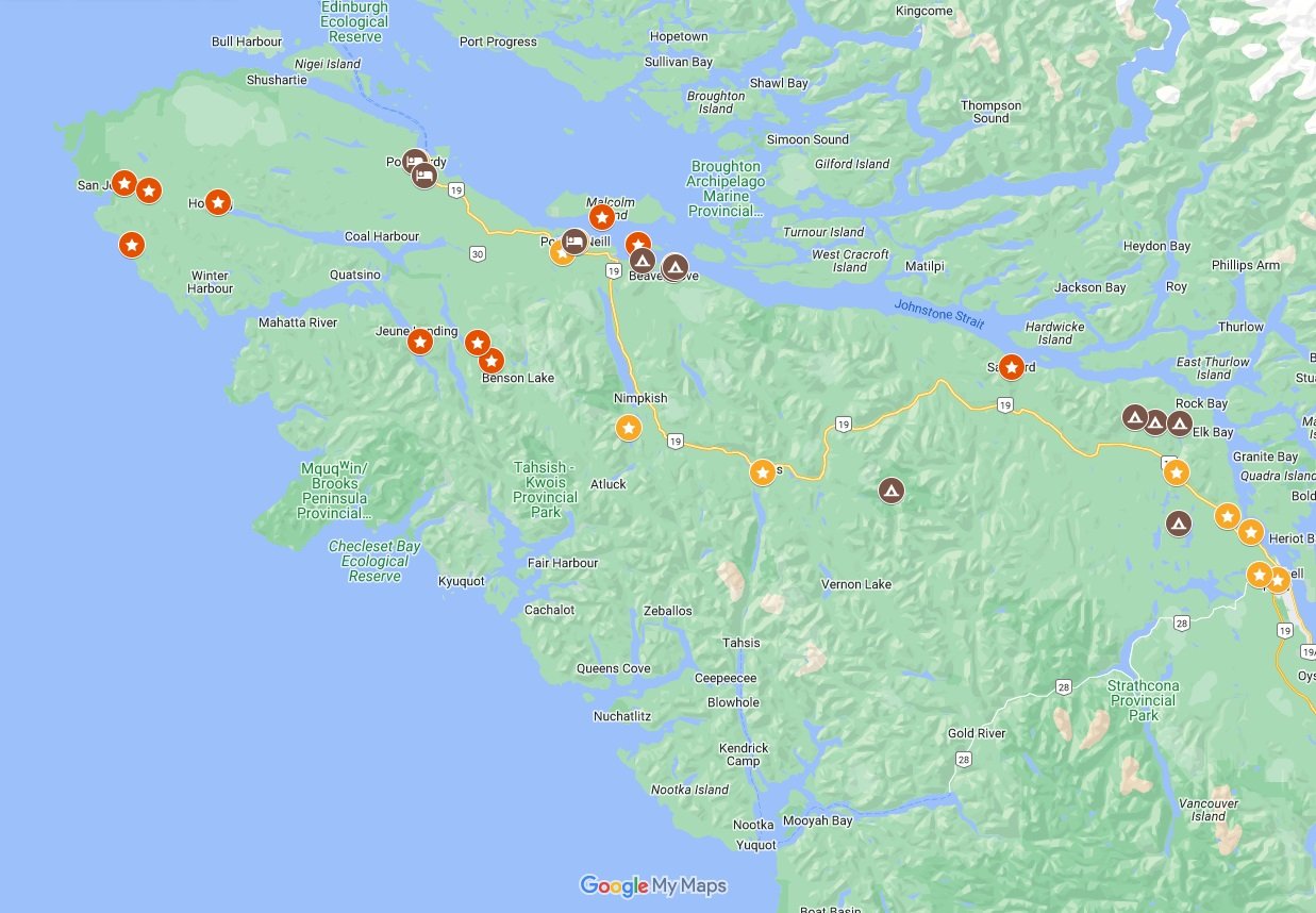 Screenshot of Google Maps with Campbell River to Port Hardy road trip route activities