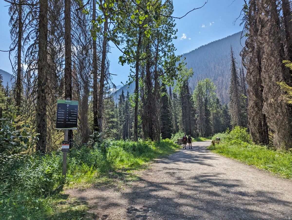 Flat and wide dirt trail leading from camera towards bridge, with back view of two hikers and signage on left