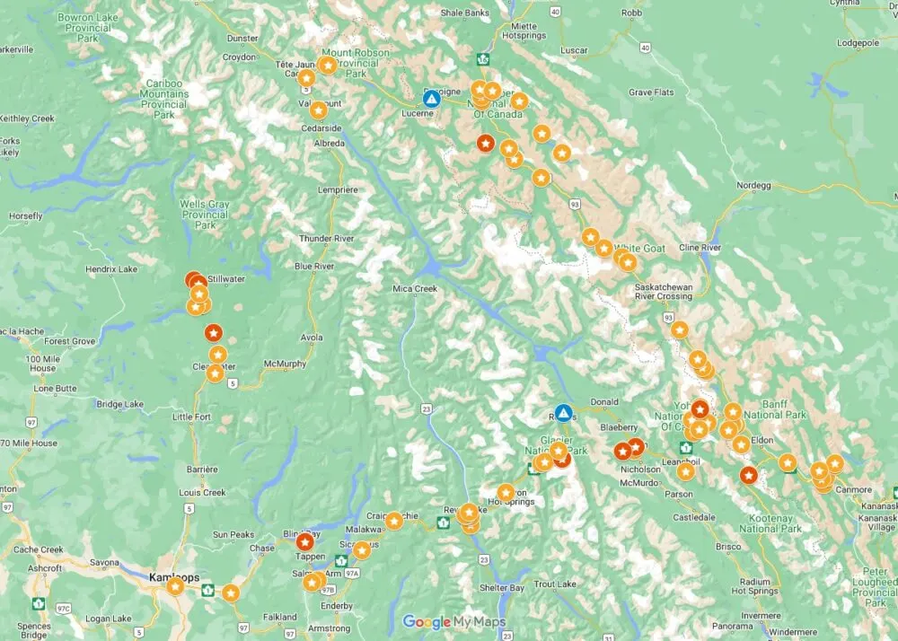 Screenshot of Canadian Rockies loop road trip route on Google Maps