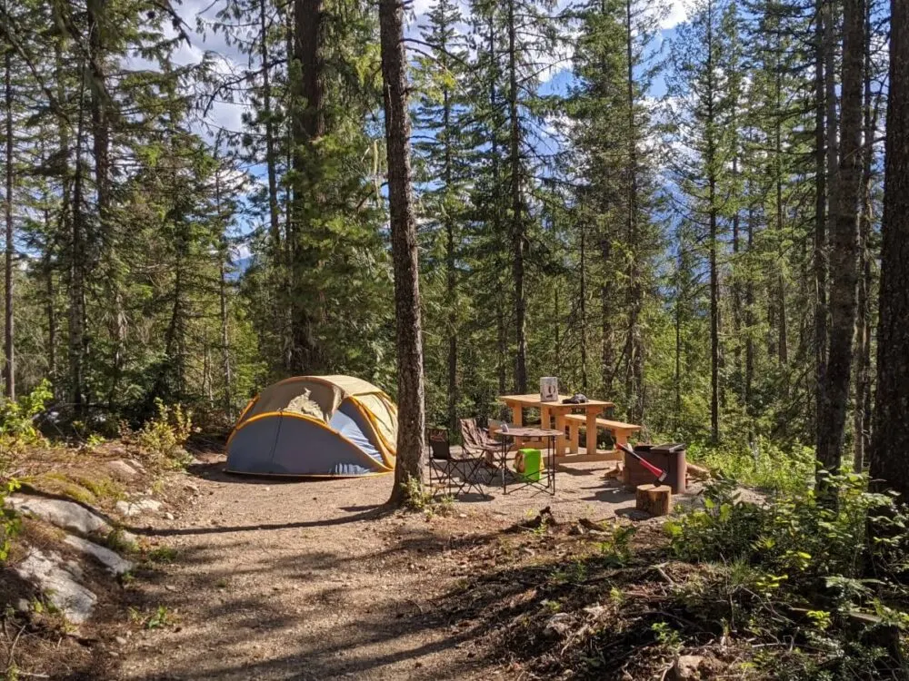 Set up tent on left side of forested Snowforest campground site with firepit and wooden picnic table on right