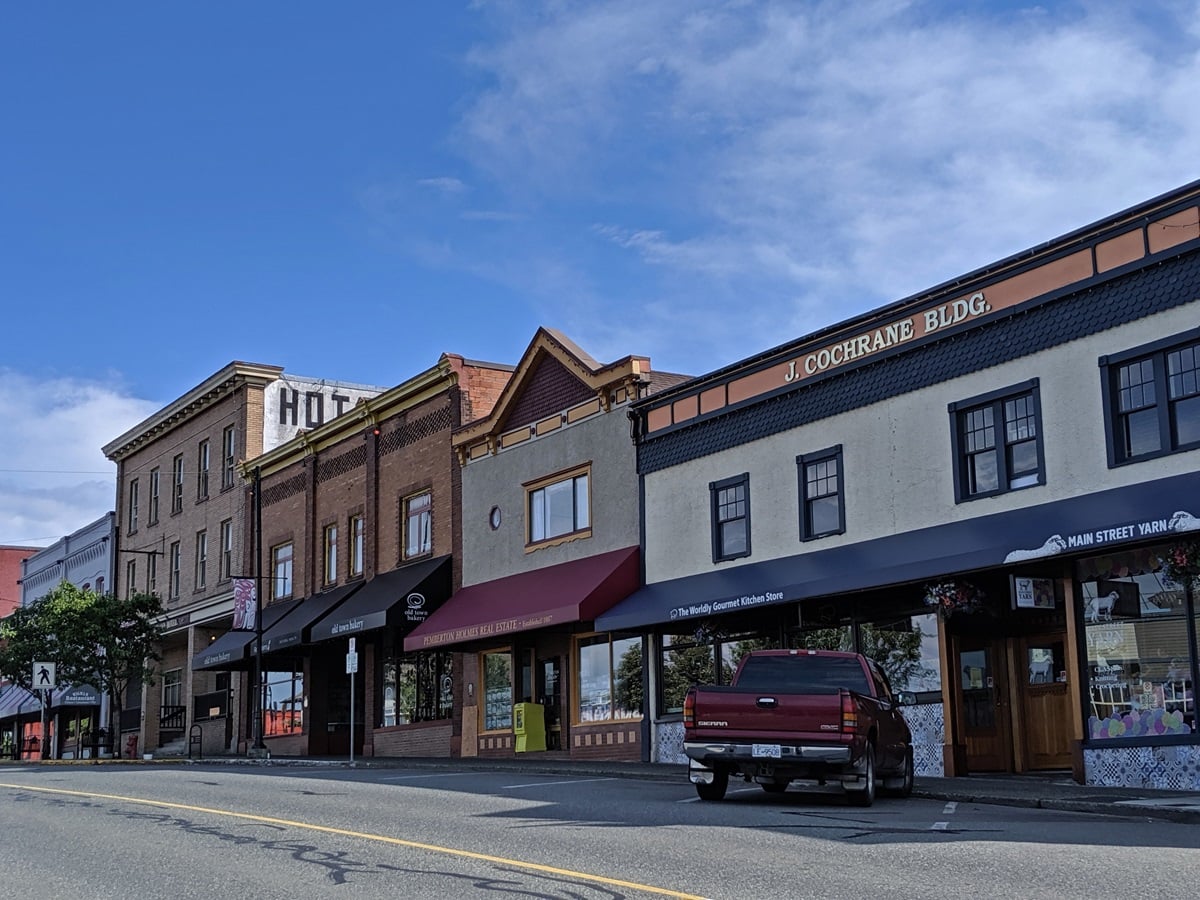 Street view of historic early 20th century buildings along the main street in Ladysmith