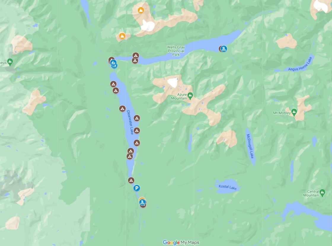 Screenshot of Google Maps with Azure and Clearwater lakes