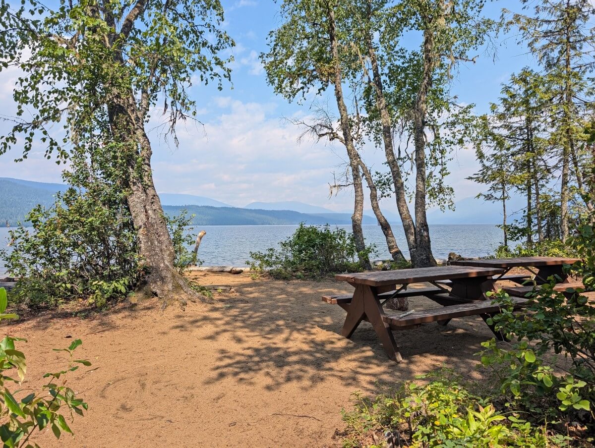 Open campground view with two picnic tables, scattered trees and lake views in background