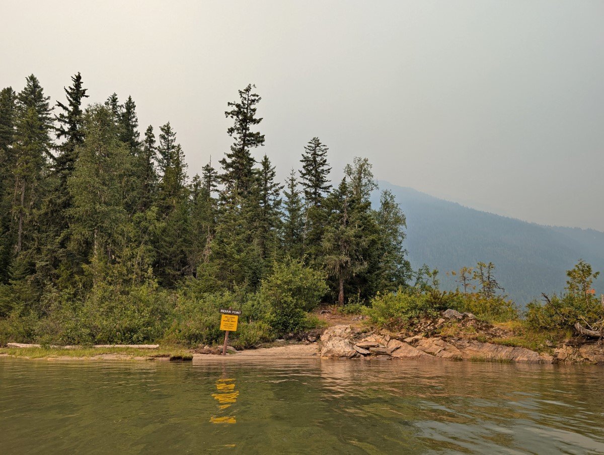 Canoe view of a bluff above the lake, backdropped by trees
