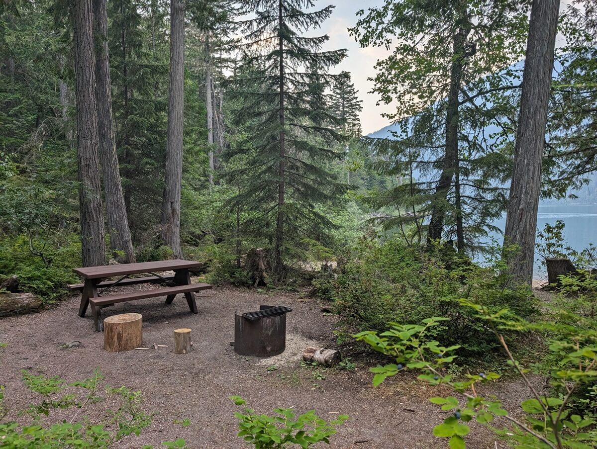 Semi-open campground view with picnic table, metal fire pit, surrounded by trees. The lake is visible through the trees