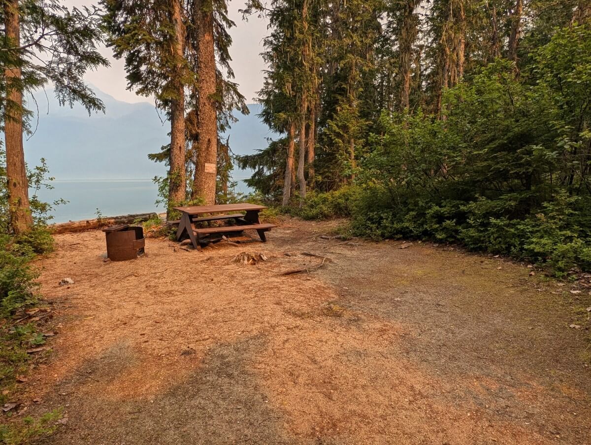 Open area with picnic table and fire pit, backdrop of trees and a partial lake view