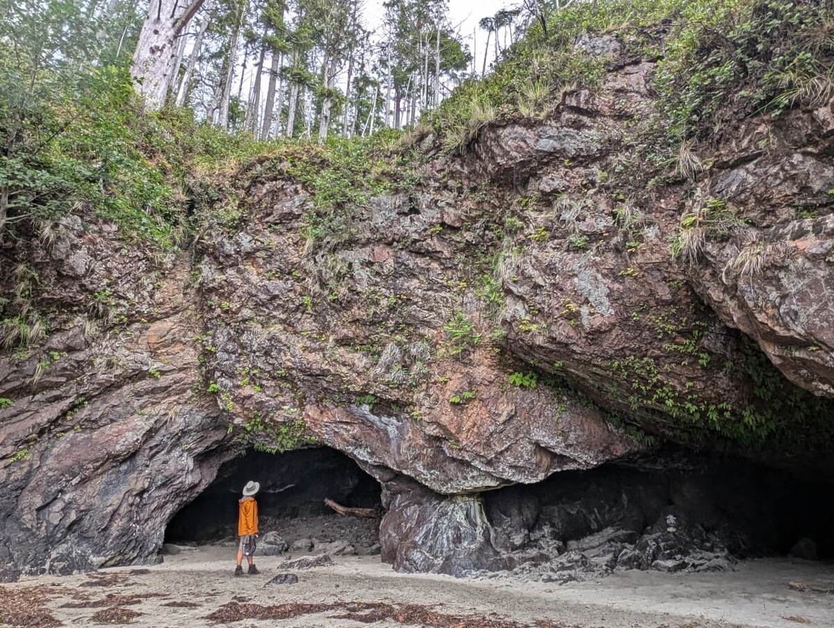 Hiker in orange jacket stands in front of cave area on San Josef bay beach, with headland rock wall rising above, trees visible on top