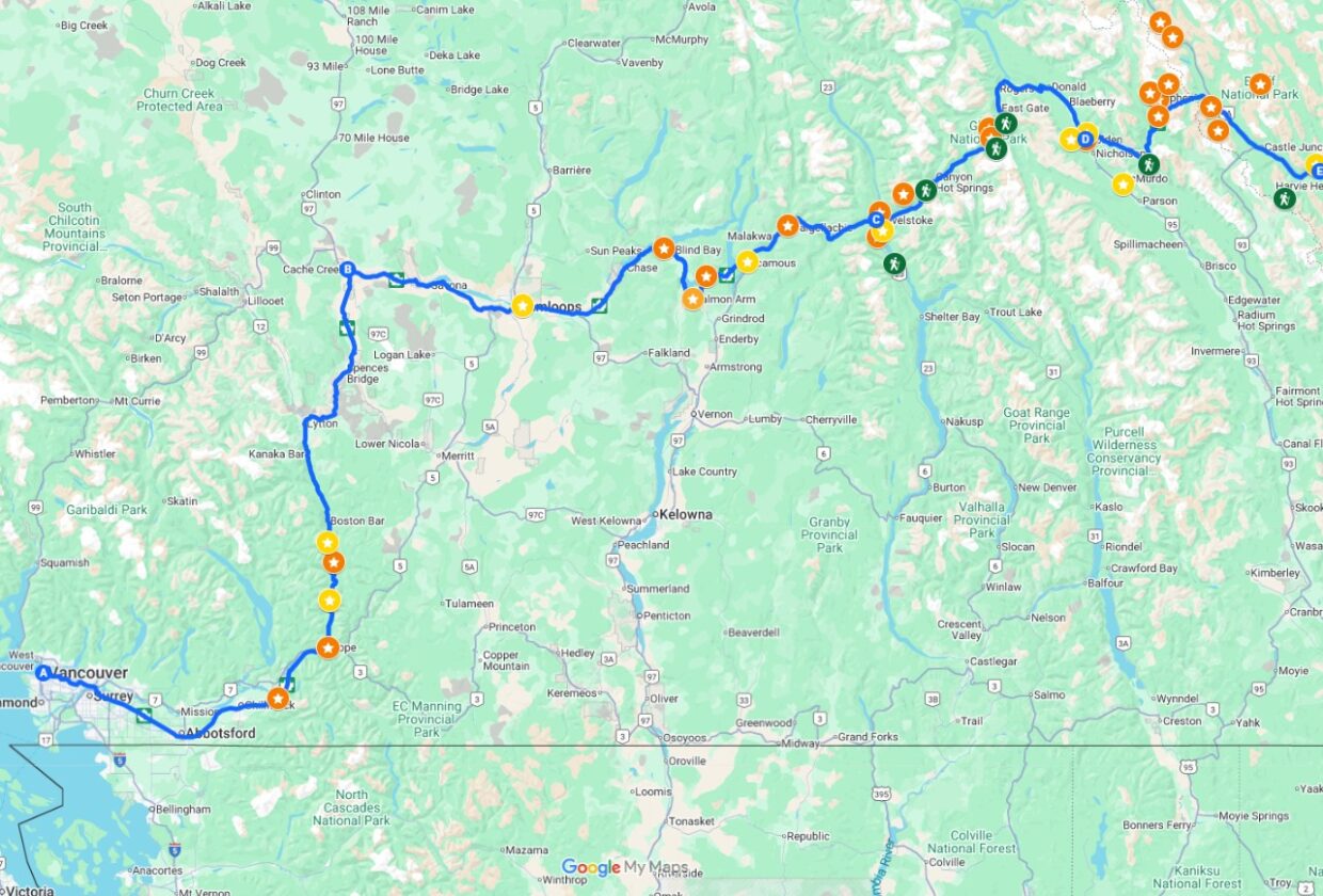 Screenshot of Vancouver to Calgary road trip route on Google Maps