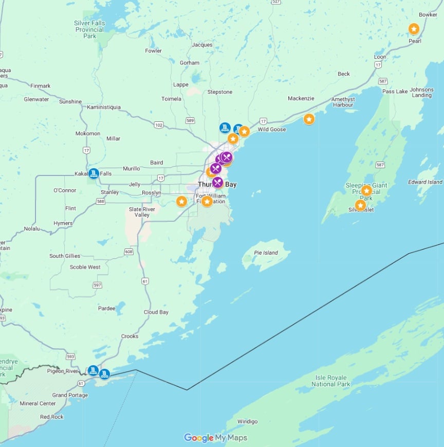 Screenshot of things to do in Thunder Bay map on Google Maps