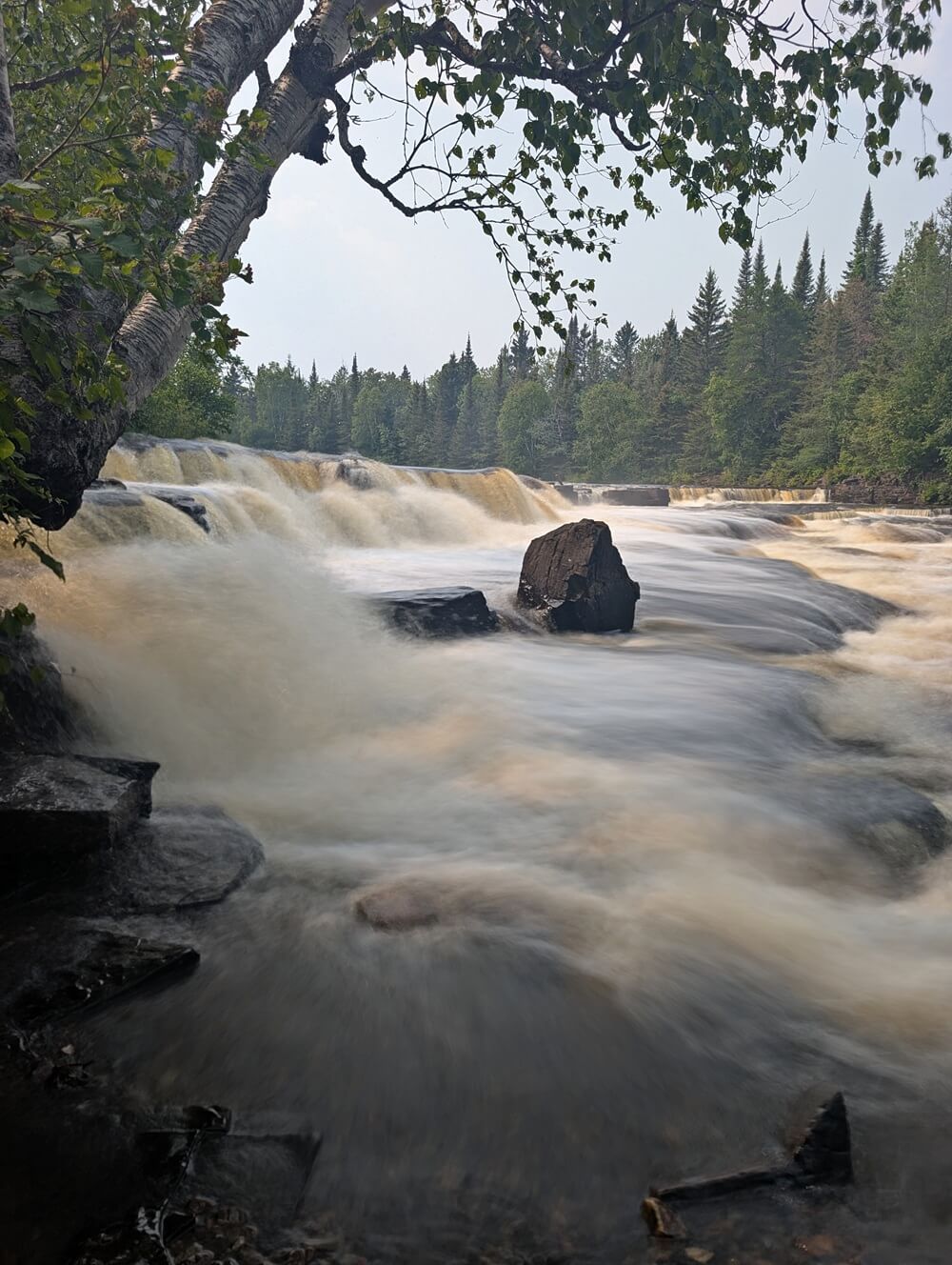 Side view of Trowbridge Falls, a wide series of cascades along a wide river. It is lined by trees