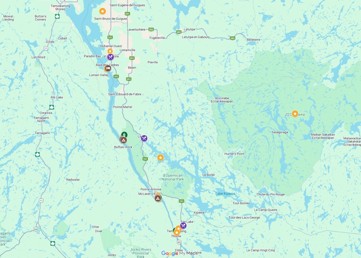 Screenshot of Témiscamingue Google Map with featured activities