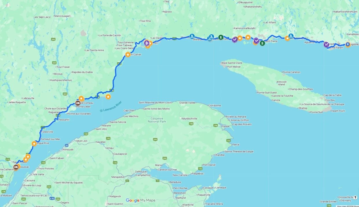 Screenshot of the Whale Route Google Map with route and all featured activities 