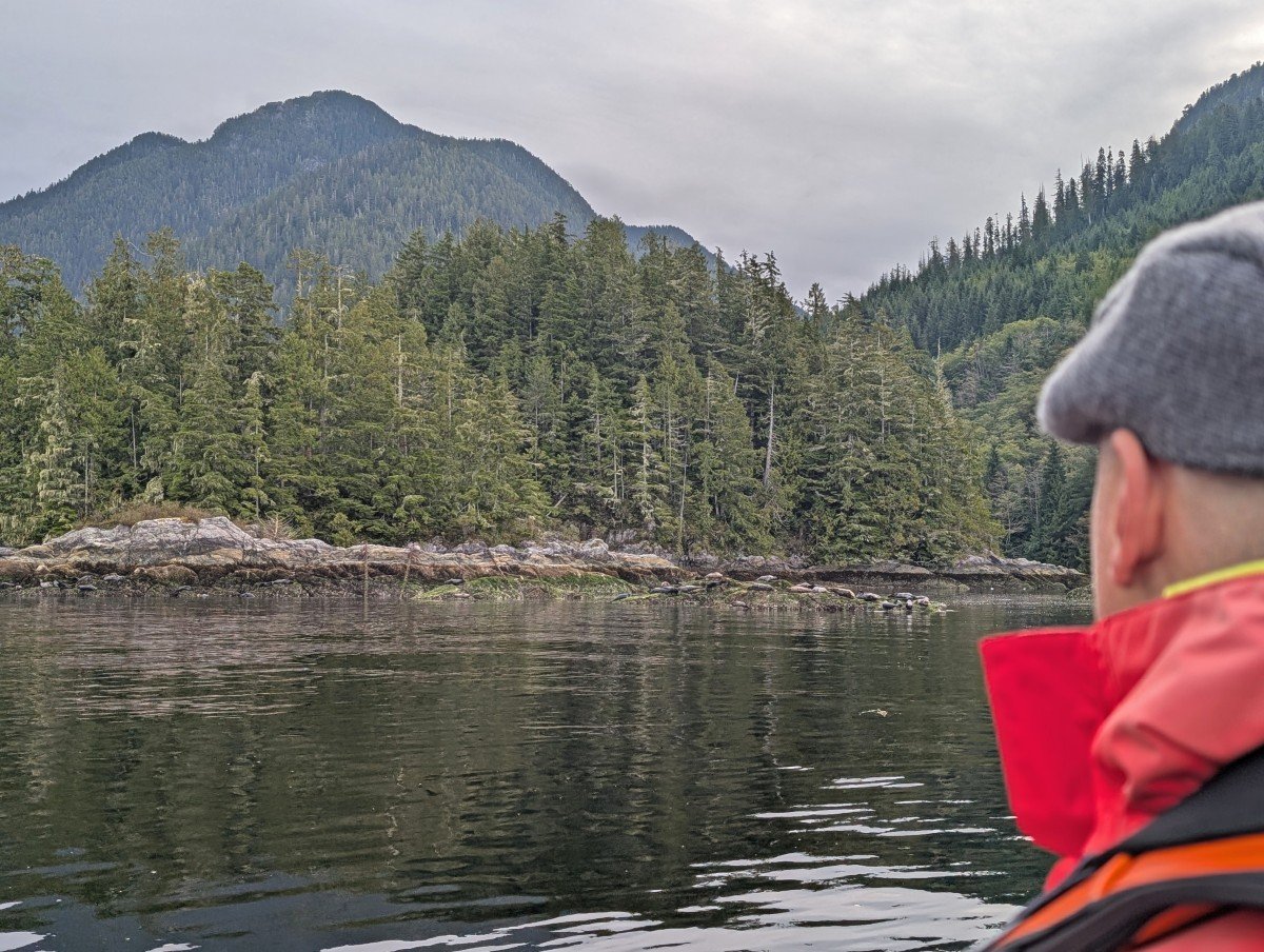 Over the shoulder view of coastal scenery near Tofino, looking towards seal colony