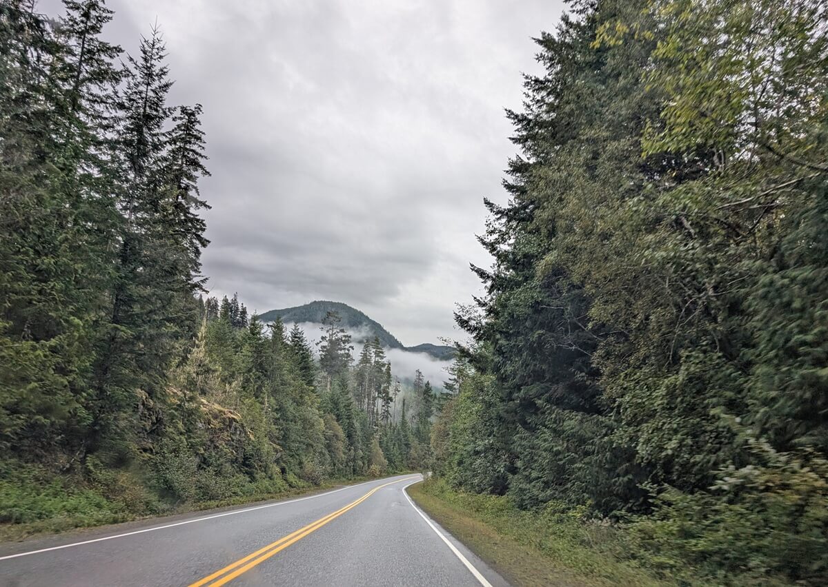 Vehicle view of Highway 19 on Vancouver Island, with two lane road lined by thick forest with forested mountain and cloudy skies in background