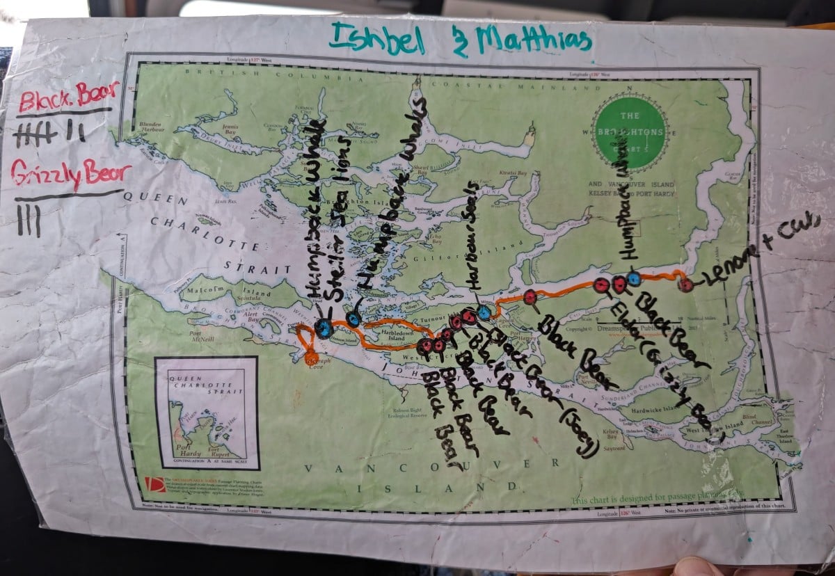 Close up of Tide Rip tour map showing locations of bears and other wildlife on Telegraph Cove bear watching tour