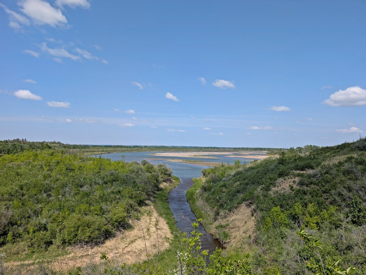 Lookout view at Beaver Creek Conservation Area, with creek leading to larger river, surrounded by green foliage