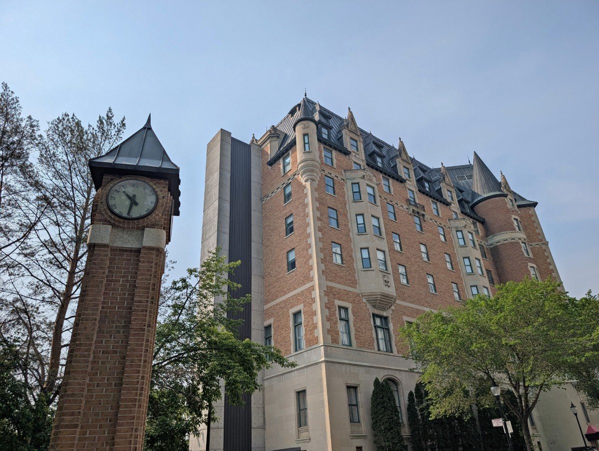 Exterior view of the seven storey castle-like Bessborough Hotel in downtown Saskatoon, with clock tower on left