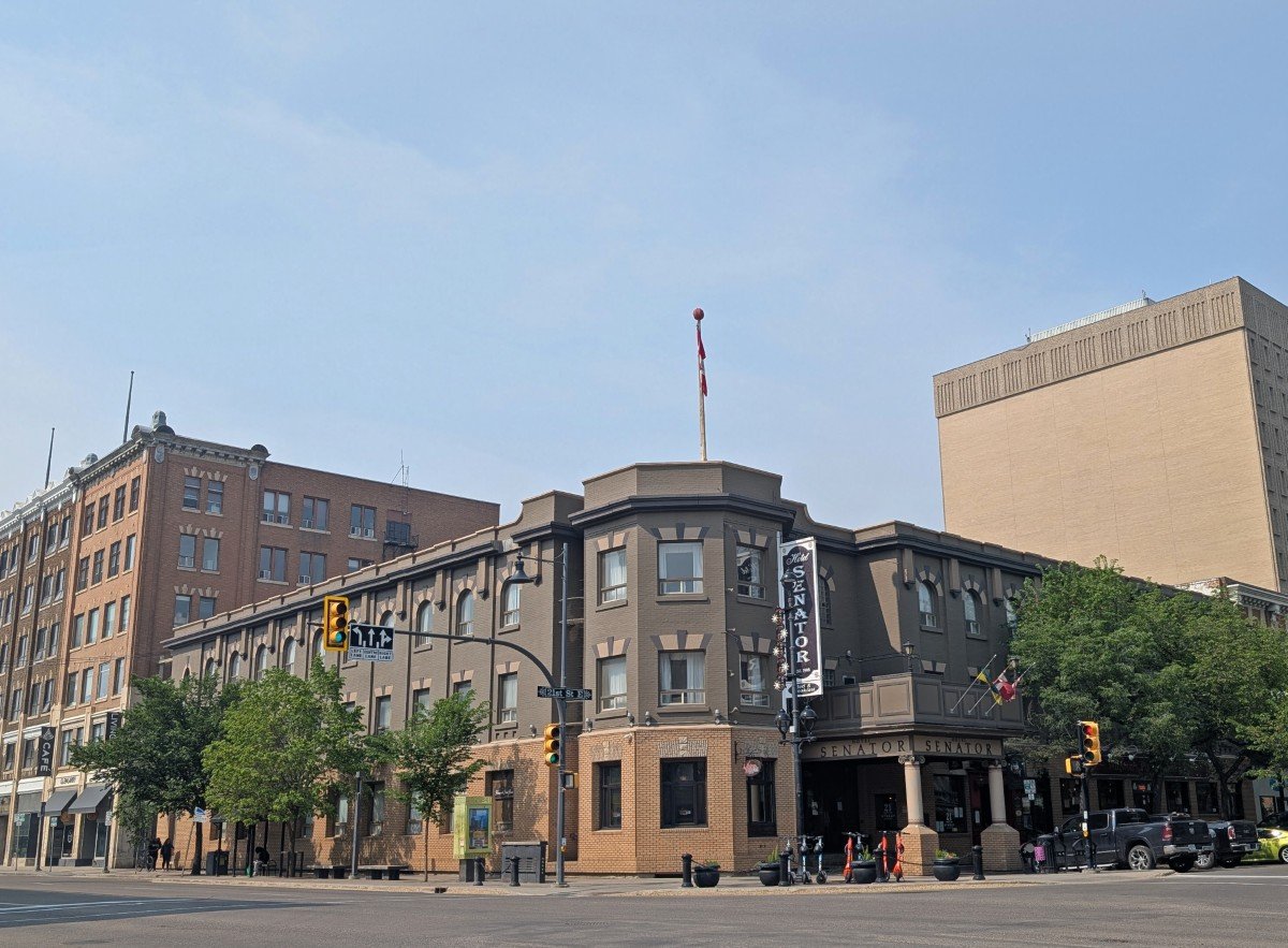 Exterior view of the Hotel Senator, an early 20th century three storey hotel in downtown Saskatoon