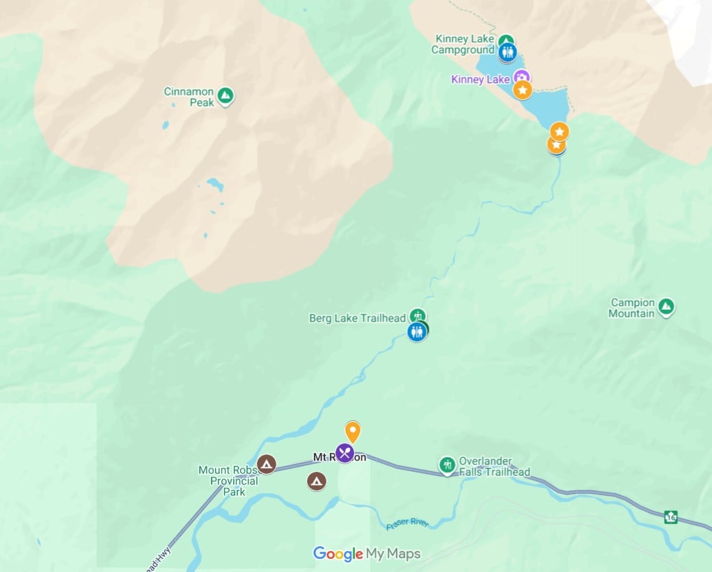 Screenshot of Google Map showing Kinney Lake locations in Mount Robson Provincial Park