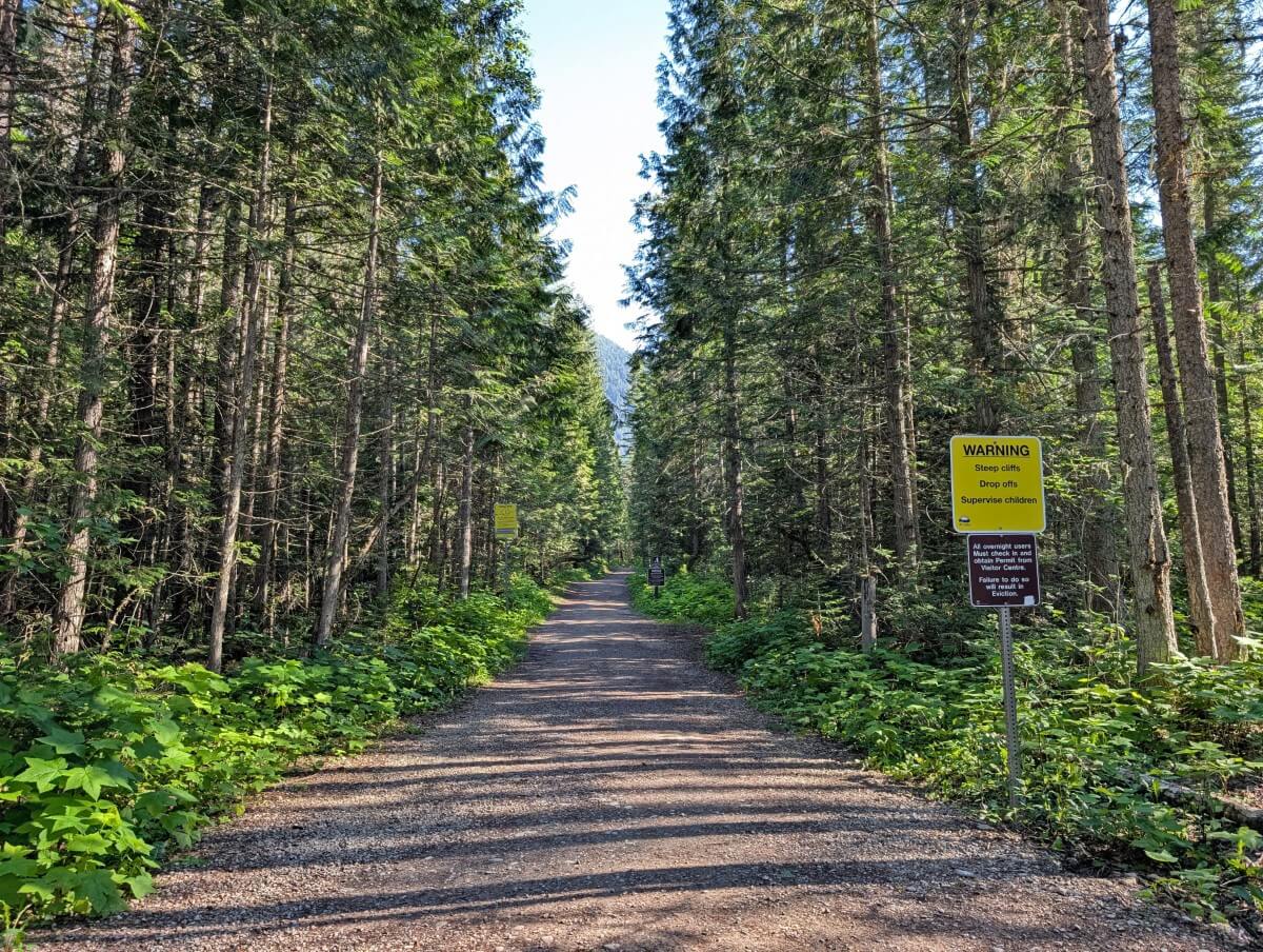 Looking up the wide and gently sloping Kinney Lake Trail. It is lined by forest and features signage on the right hand side