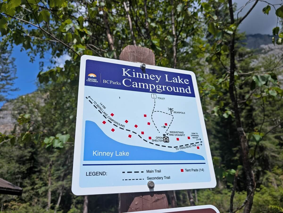 Close up view of Kinney Lake campground map, with BC Parks logo 