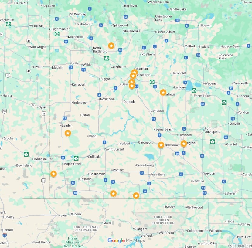 Screenshot of Google maps - Unique places in Saskatchewan